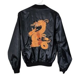 VINTAGE Black Satin Style Bomber Jacket Dragon Patch Asian Style Souvenir